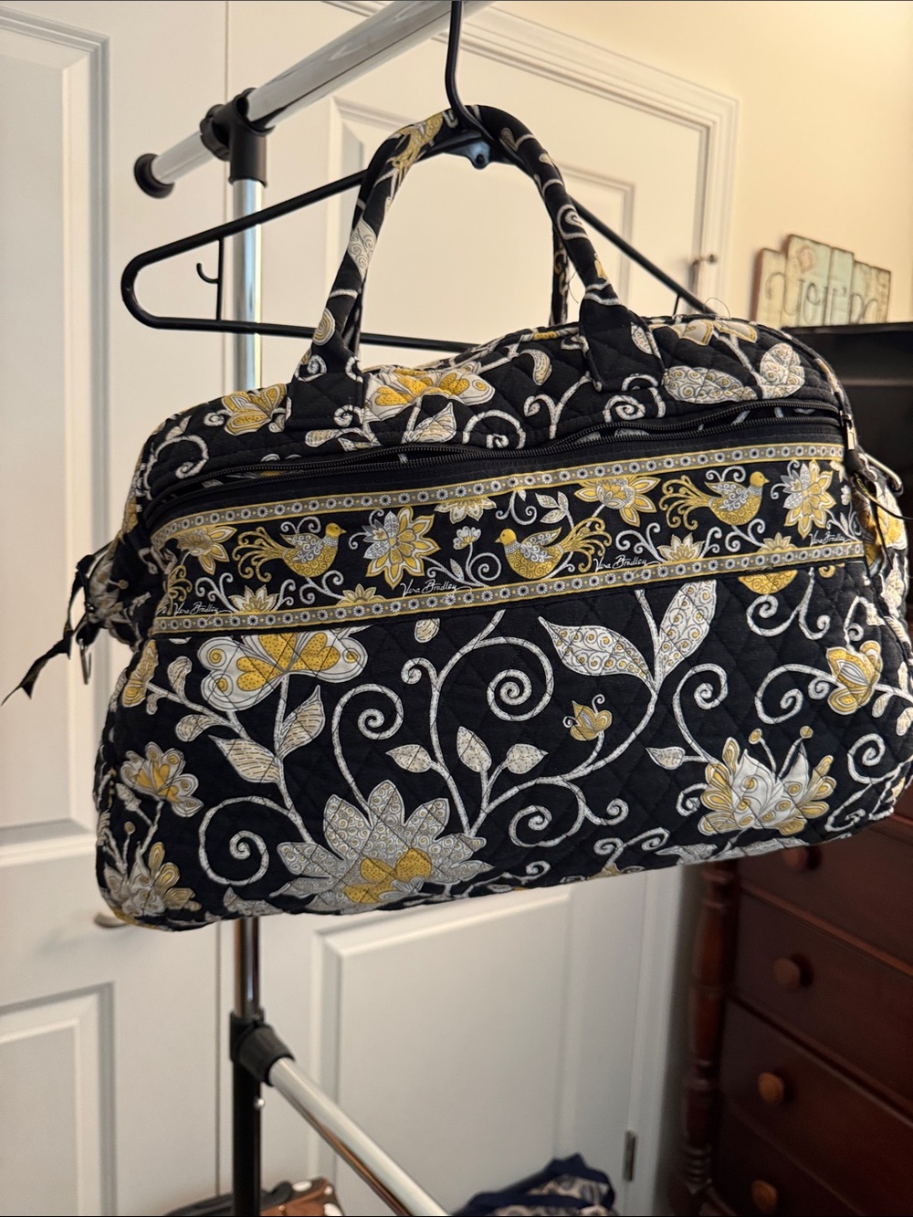 Vera Bradley Quilted Black Floral Travel Tote with Yellow Accents